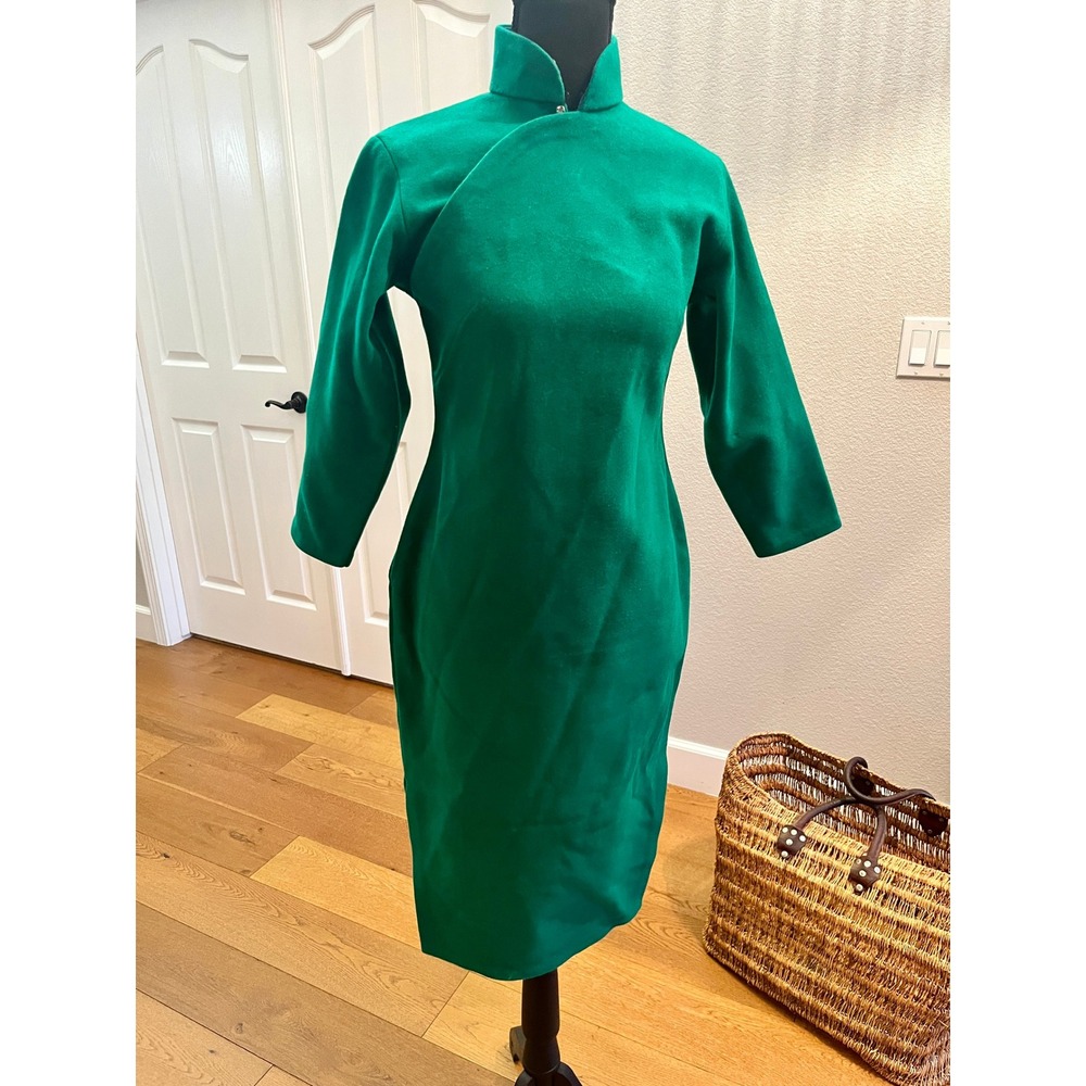 Vintage 1960s Handmade Emerald Green Wool Mod Dress Asian Mandarin Collar XS